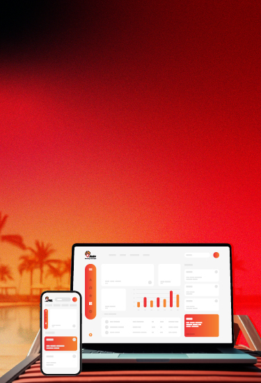 Luxury resort poolside at sunset with text promoting fully automated leisure club management software.